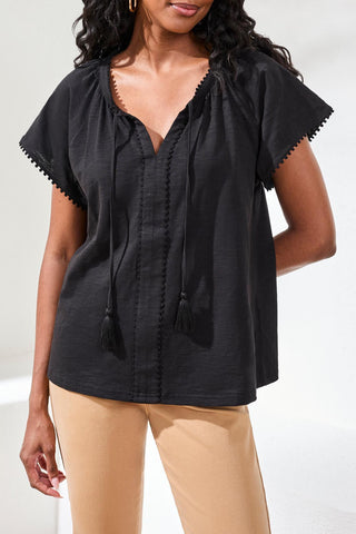 Cotton Slub Split Neck Tassel Top-Black