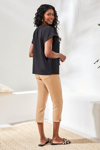 Cotton Slub Split Neck Tassel Top-Black