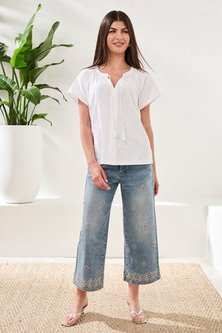 Cotton Slub Split Neck Tassel Top-White