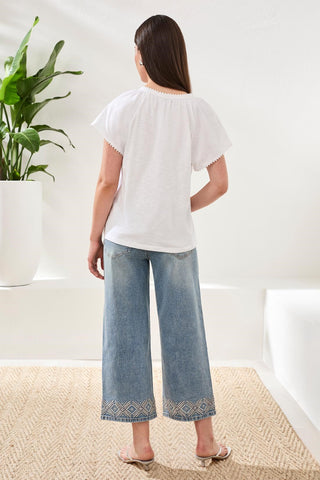 Cotton Slub Split Neck Tassel Top-White