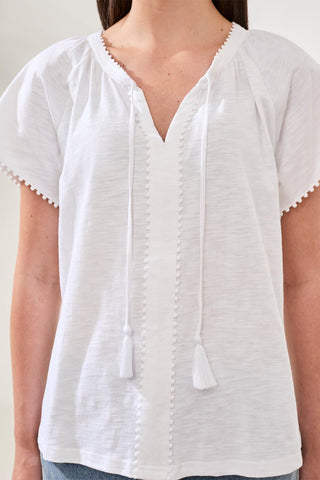 Cotton Slub Split Neck Tassel Top-White