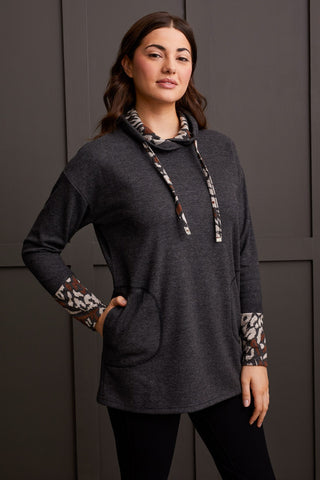 alt view 1 - COWL NECK TUNIC WITH CONTRASTING JACQUARD PRINT-H black