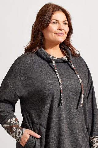 COWL NECK TUNIC WITH CONTRASTING JACQUARD PRINT-H black