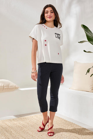 Haut À Manches Courtes Col Rond Avec Détail Brodé-Blanc