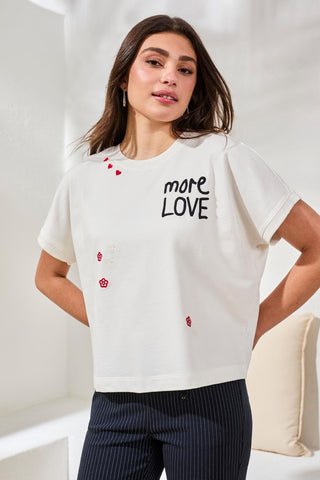 Haut À Manches Courtes Col Rond Avec Détail Brodé-Blanc