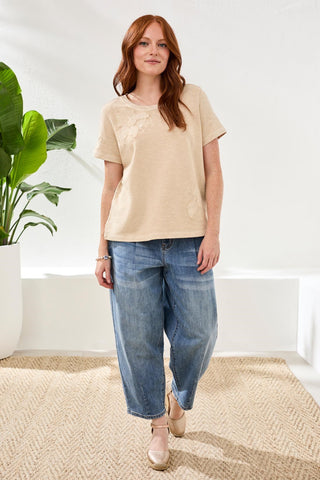 Crewneck Short-Sleeve Tee With Embroidered Patchwork-Ecru