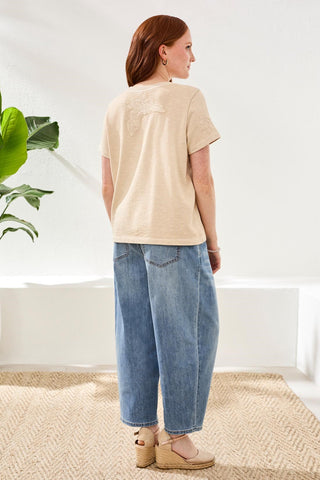 Crewneck Short-Sleeve Tee With Embroidered Patchwork-Ecru