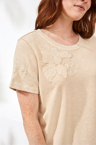 Crewneck Short-Sleeve Tee With Embroidered Patchwork-Ecru