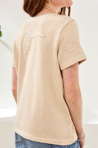 Crewneck Short-Sleeve Tee With Embroidered Patchwork-Ecru