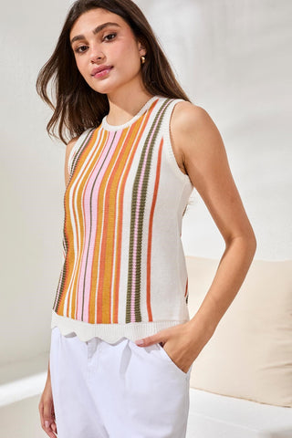 Textured Crew Neck Knit Sweater Cami-Eggshell multi