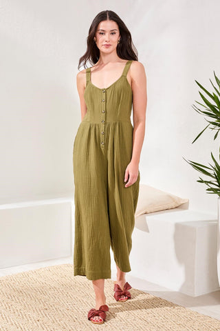 Crinkled Gauze Jumpsuit With Smocked Back-Rainforest