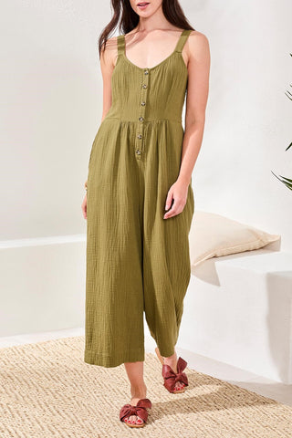 Crinkled Gauze Jumpsuit With Smocked Back-Rainforest