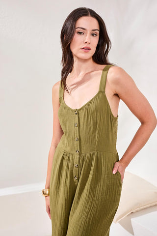 Crinkled Gauze Jumpsuit With Smocked Back-Rainforest