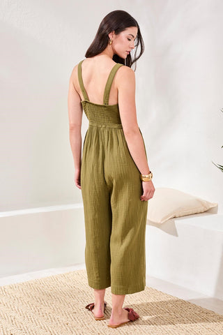 Crinkled Gauze Jumpsuit With Smocked Back-Rainforest