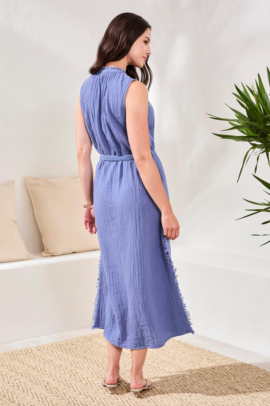 Crinkle Gauze Button-Front Belted Midi Dress-Seahaven Tribal Fashion Crinkle Gauze Button-Front Belted Midi Dress-Seahaven Tribal Fashion