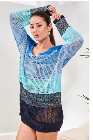 Ombré Stripe Openwork Cover-up Dress-Aquatic