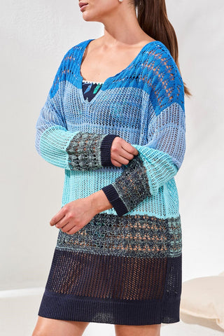 Ombré Stripe Openwork Cover-up Dress-Aquatic