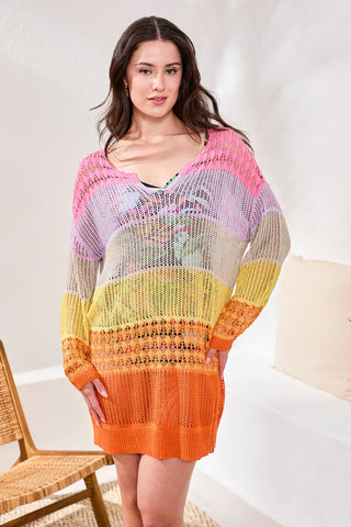 Ombré Stripe Openwork Cover-up Dress-Freesia