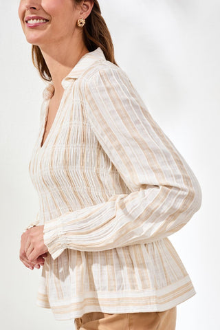 Crinkled U‑Neck Long Sleeve Smocked Blouse-Sesame