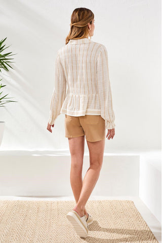 Crinkled U‑Neck Long Sleeve Smocked Blouse-Sesame