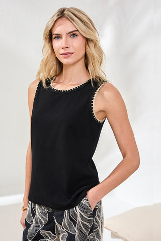 Crochet Trim Ribbed Sleeveless Top-Black