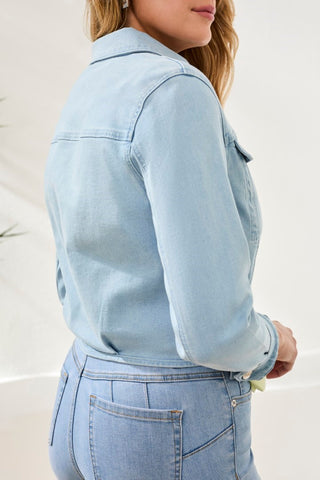 Cropped Denim Jacket With Chest Pockets-Bluecharm