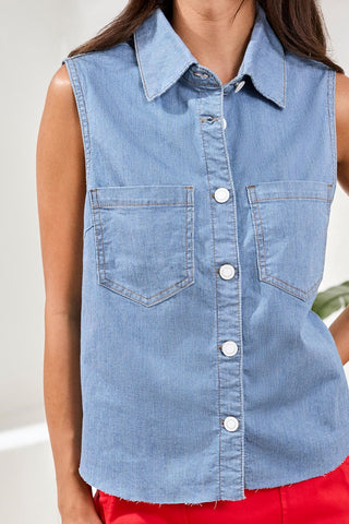 Soft Denim Collared Button-Front Sleeveless Top-Baja blue