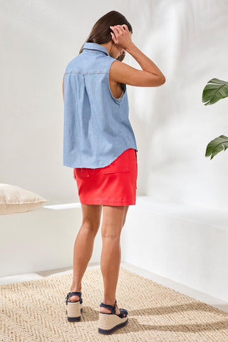Soft Denim Collared Button-Front Sleeveless Top-Baja blue
