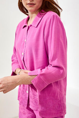 Blouse Brodée À Carreaux Manches 3/4-Lueur Rose