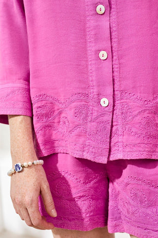 Blouse Brodée À Carreaux Manches 3/4-Lueur Rose