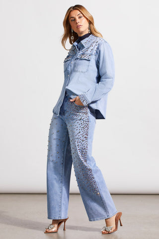 alt view 1 - DENIM SHIRT WITH RHINESTONE DETAILS-Soft ice