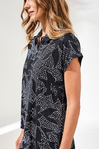 Dolman Polo Textured Knit Top-Black floral