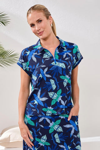 Dolman Polo Textured Knit Top-Blue surf