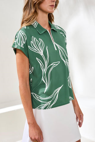 Dolman Polo Textured Knit Top-Greenery