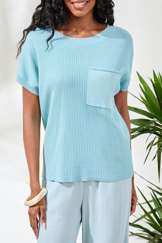 Dolman Short Sleeve Ribbed Knit Top With Pocket-Ltaquasky