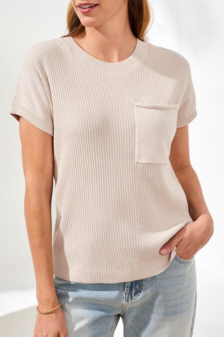 Dolman Short Sleeve Ribbed Knit Top With Pocket-Quartz