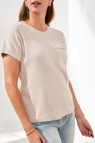 Dolman Short Sleeve Ribbed Knit Top With Pocket-Quartz