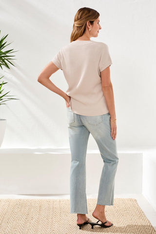 Dolman Short Sleeve Ribbed Knit Top With Pocket-Quartz