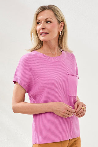 Dolman Short Sleeve Ribbed Knit Top With Pocket-Wisteria