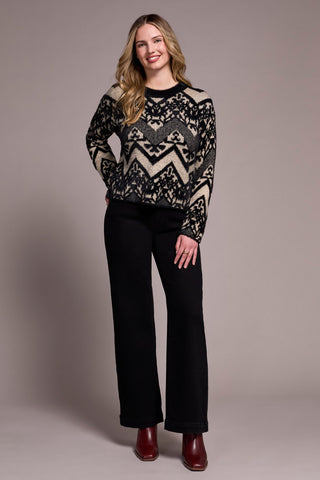 Double-Knit Eyelash Yarn Crew Neck Sweater-Black