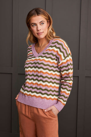 alt view 1 - DROP SHOULDER V-NECK SWEATER WITH SCALLOPED STRIPES-Lavender blush