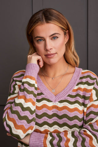 alt view 4 - DROP SHOULDER V-NECK SWEATER WITH SCALLOPED STRIPES-Lavender blush