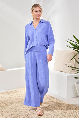 Crinkle Gauze Elastic Waist Flowy Pants-Baja blue
