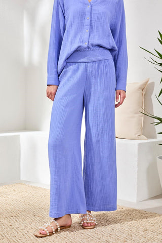 Crinkle Gauze Elastic Waist Flowy Pants-Baja blue