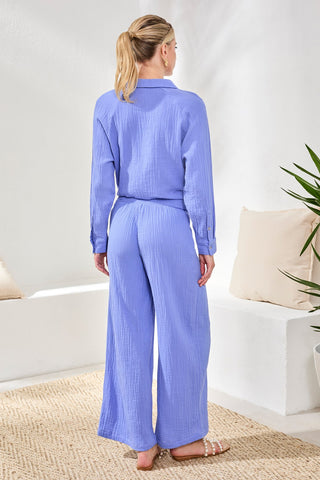 Crinkle Gauze Elastic Waist Flowy Pants-Baja blue