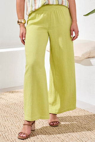 Crinkle Gauze Elastic Waist Flowy Pants-Greenbanana