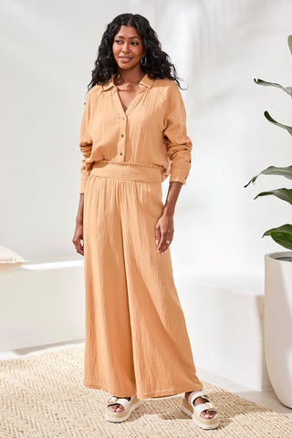 Crinkle Gauze Elastic Waist Flowy Pants-Saharabeige