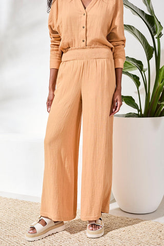 Crinkle Gauze Elastic Waist Flowy Pants-Saharabeige