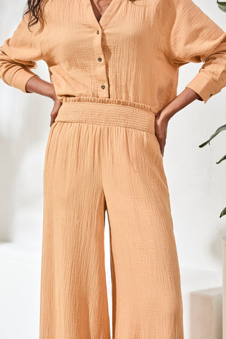Crinkle Gauze Elastic Waist Flowy Pants-Saharabeige
