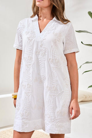 Elbow Sleeve V-Neck Tunic Dress-White